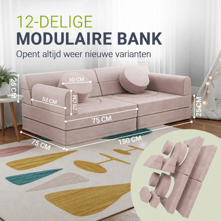 Speelbank Kayo van ribstof – modulair, met kussens, beige