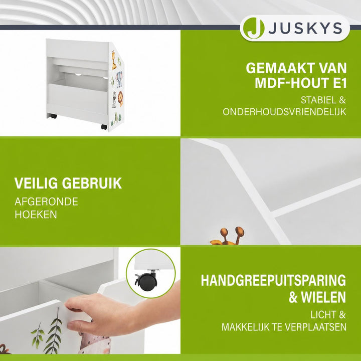 Kinderboekenkast – 3 vakken en uittrekbare speelgoedkist, hout