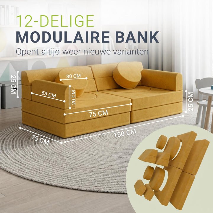 Speelbank Kayo van ribstof – modulair, met kussens, beige
