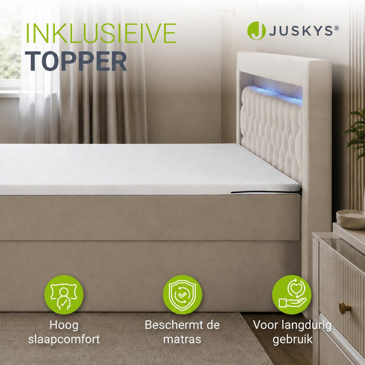 Boxspring Leona – fluweel, H4-binnenvering, topper en ledlicht