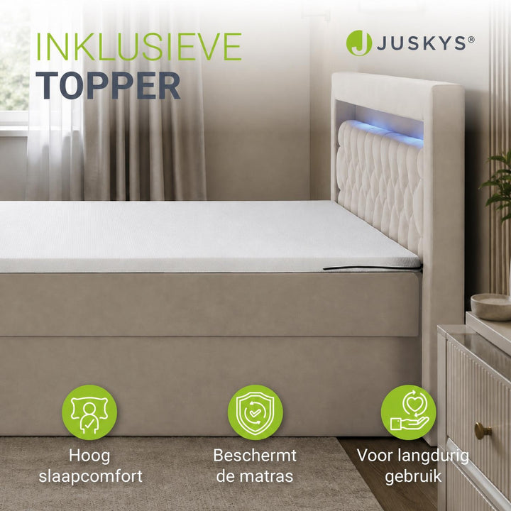 Boxspring Leona – fluweel, H4-binnenvering, topper en ledlicht