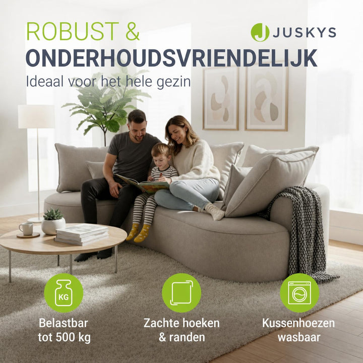Hoekbank Tirano van bouclé – met ottomane en sierkussens