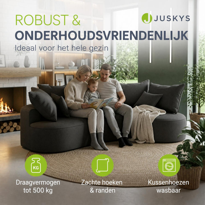 Hoekbank Tirano van bouclé – met ottomane en sierkussens