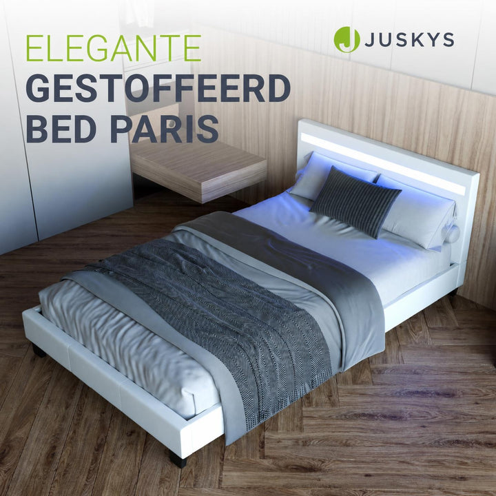 Gestoffeerd bed Paris 140x200 cm – wit, met LED en lattenbodem