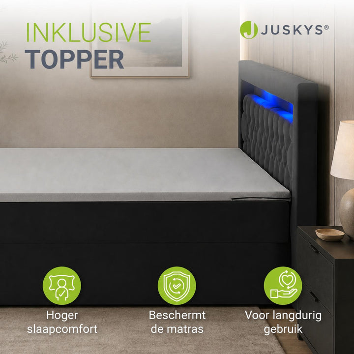Boxspring Leona – fluweel, H4-binnenvering, topper en ledlicht