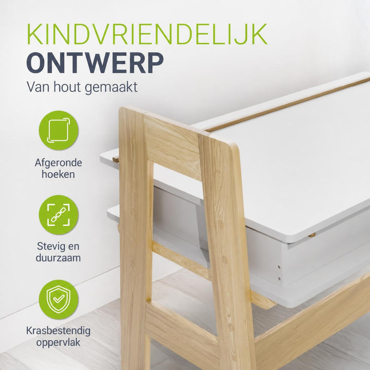 Kinderbureau Fietje – in hoogte verstelbaar, 2 lades, wit