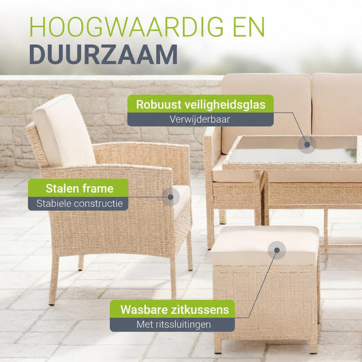 Wicker tuinset Turin – 6-delig voor 7 personen, incl. kussens