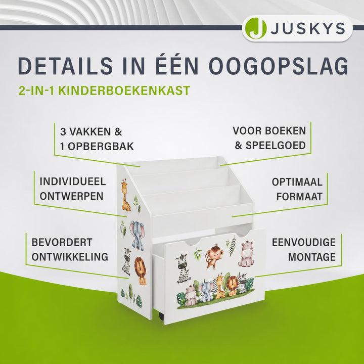 Kinderboekenkast – 3 vakken en uittrekbare speelgoedkist, hout