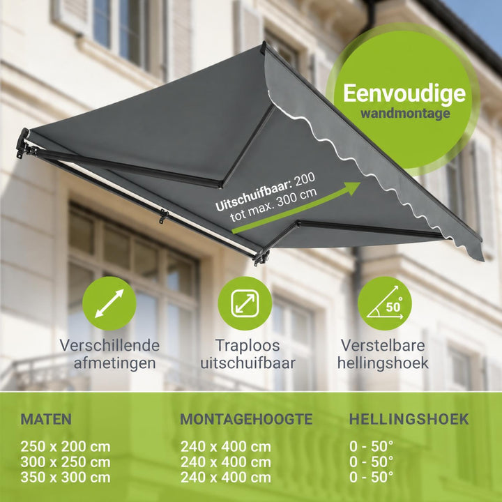 Knikarmscherm met zwengel – 250x200 tot 400x300 cm