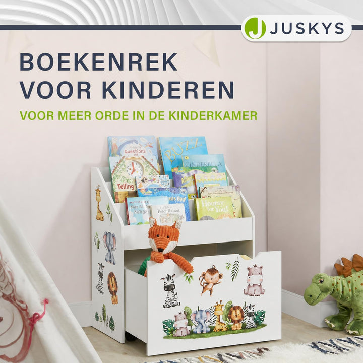 Kinderboekenkast – 3 vakken en uittrekbare speelgoedkist, hout