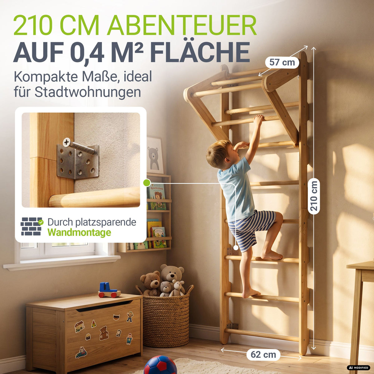 Houten wandrek voor kinderen – met touwladder en gymringen