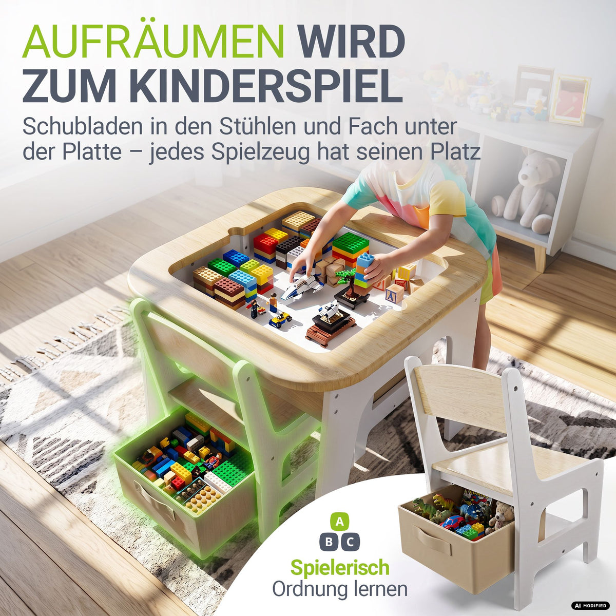 Kindertafel Milou – met 2 stoeltjes, hout, met opbergruimte
