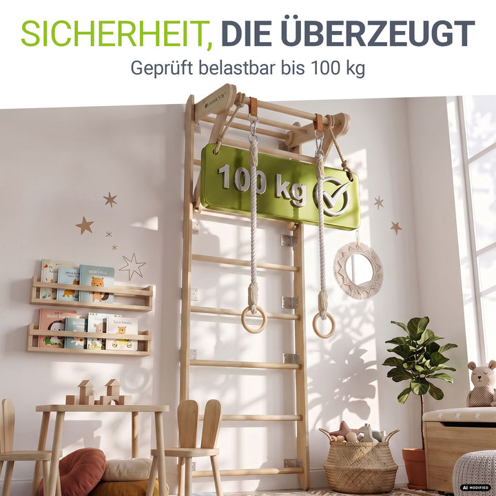 Houten wandrek voor kinderen – met touwladder en gymringen