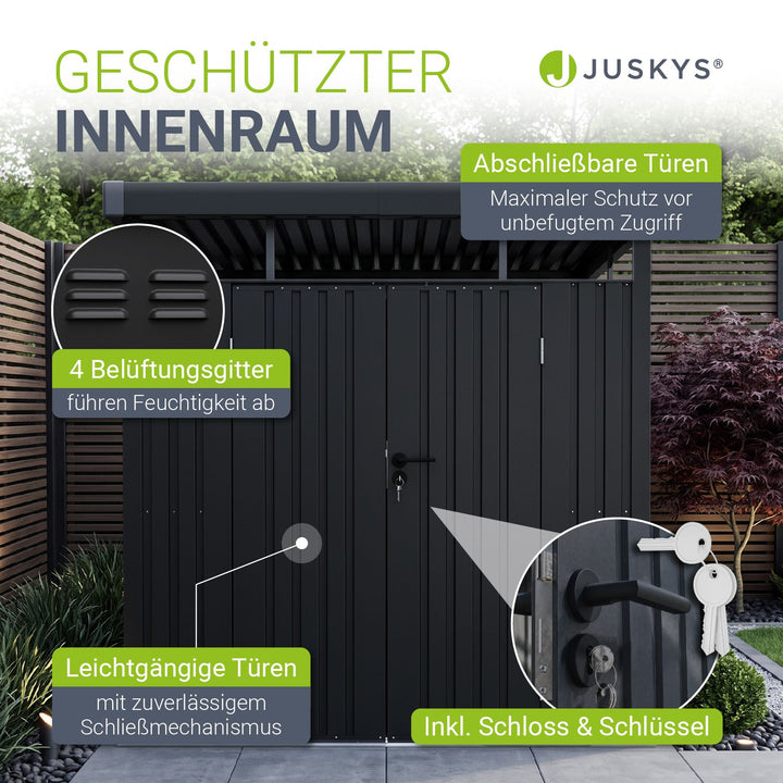 Metalen tuinhuis Luzern – met raam en afsluitbare dubbele deur