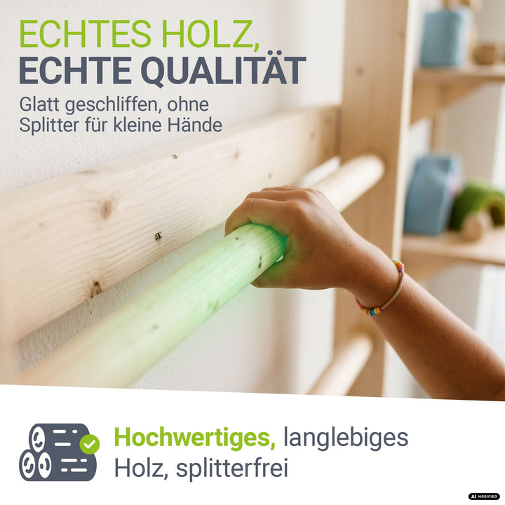 Houten wandrek voor kinderen – met touwladder en gymringen