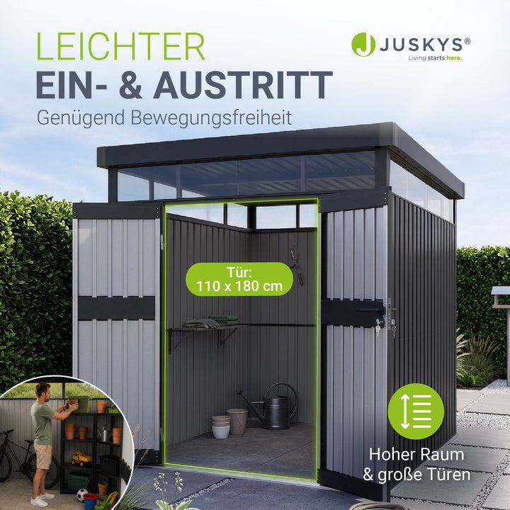 Metalen tuinhuis Luzern – met raam en afsluitbare dubbele deur