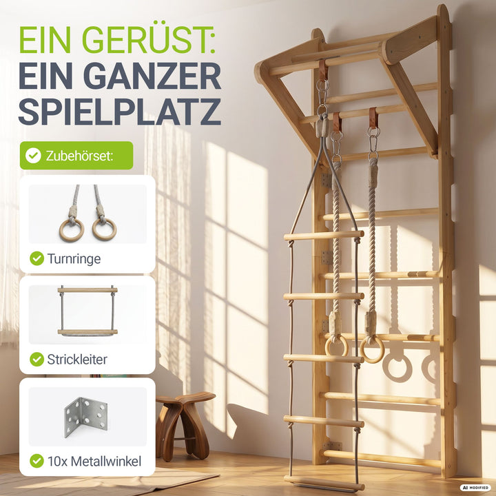 Houten wandrek voor kinderen – met touwladder en gymringen