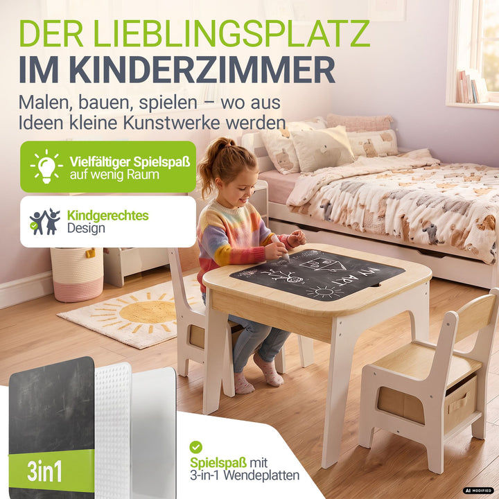 Kindertafel Milou – met 2 stoeltjes, hout, met opbergruimte