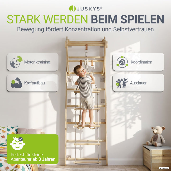 Houten wandrek voor kinderen – met touwladder en gymringen